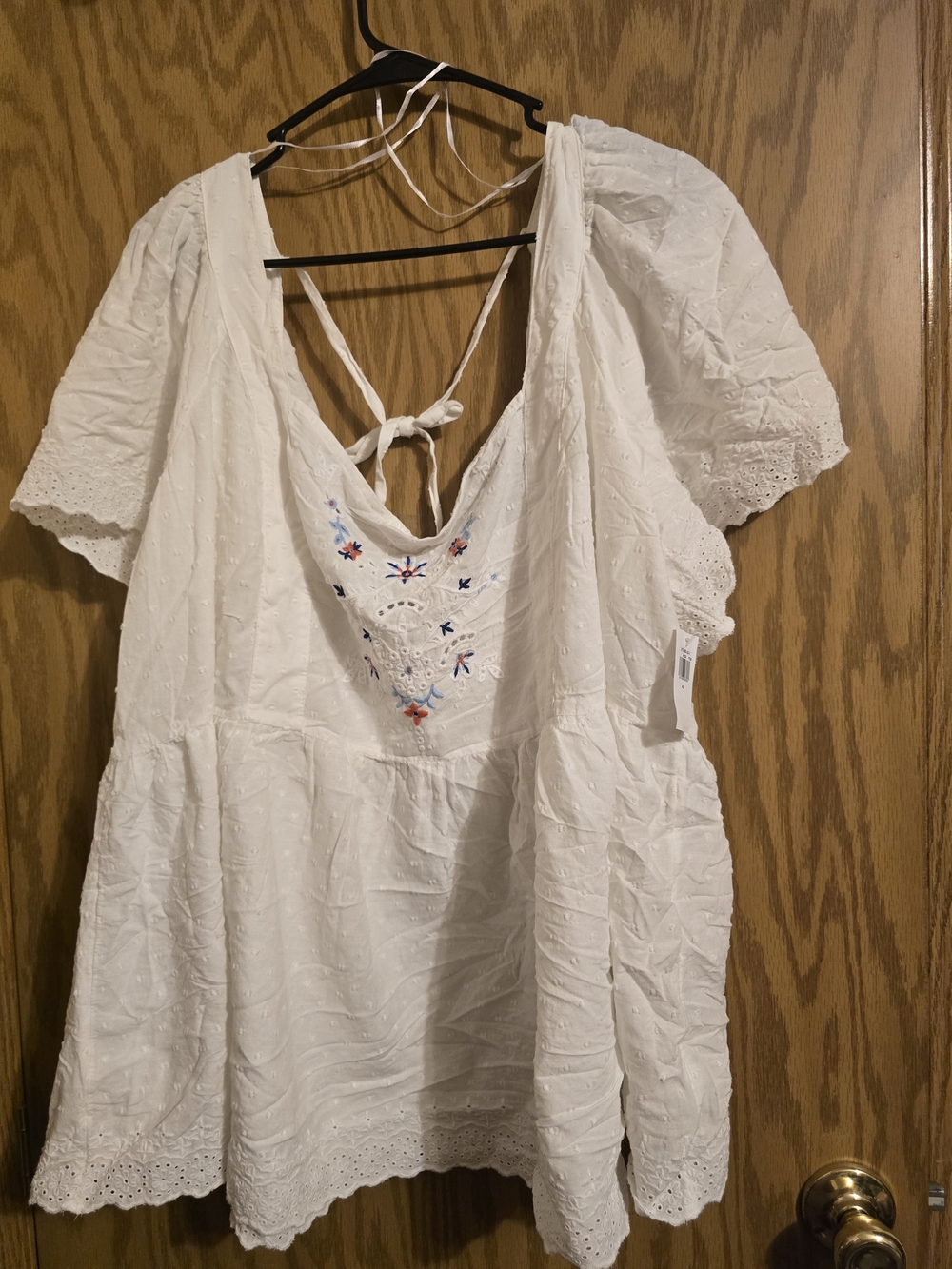 Old Navy White Eyelet Peasant Top with Embroidered Detail